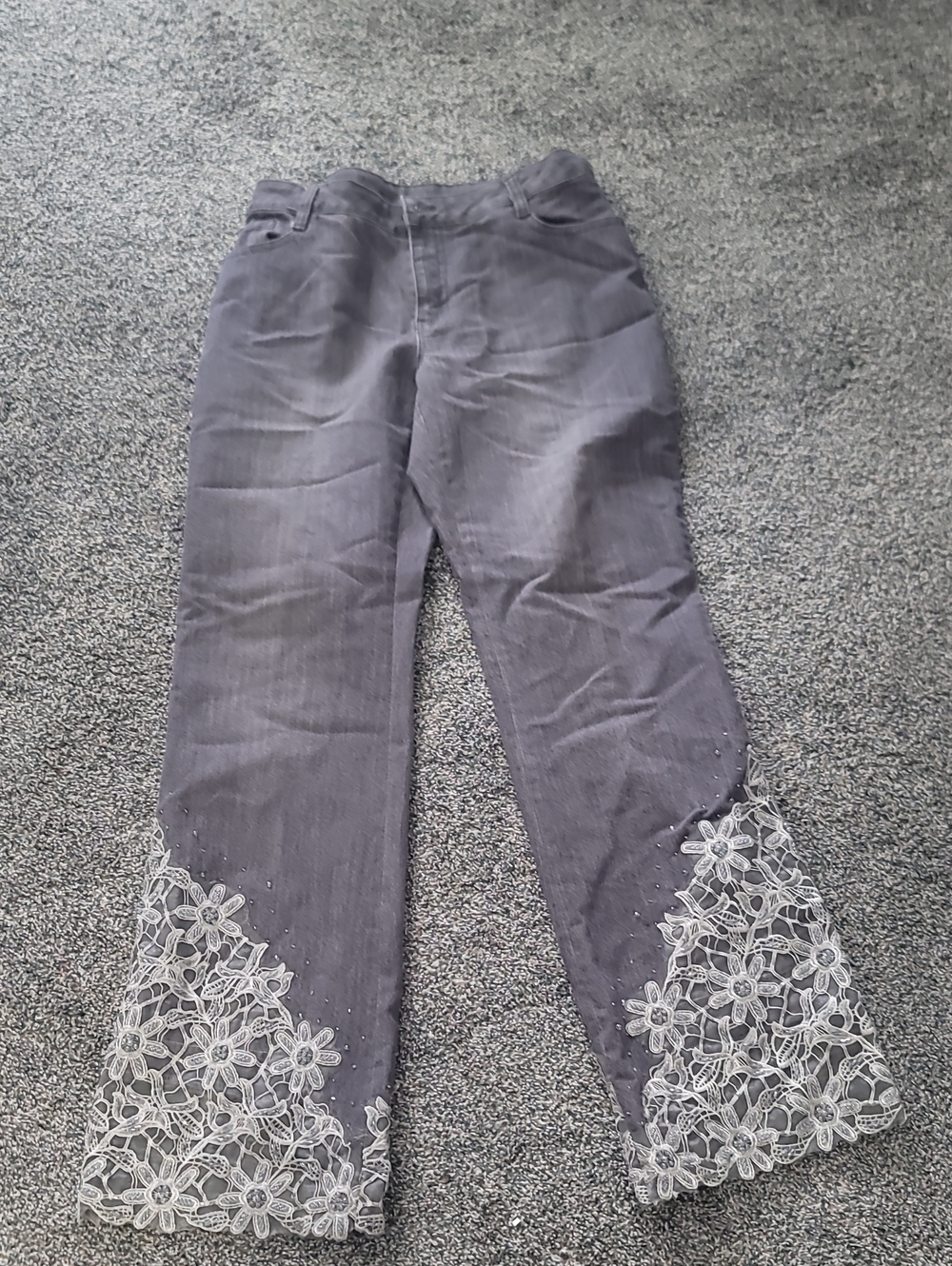 Women's Gray Jeans with Floral Lace Hem